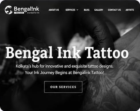 Bengal Ink Tattoo website homepage — Kolkata’s hub for innovative and exquisite tattoo designs