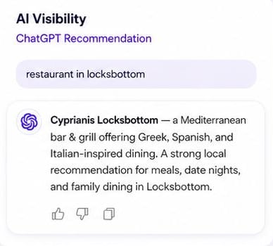 ChatGPT answer for “restaurant in locksbottom” recommending Cyprianis Locksbottom