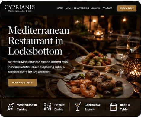 Cyprianis website homepage — Mediterranean restaurant in Locksbottom