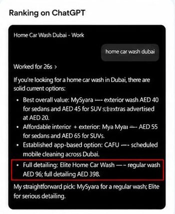 ChatGPT answer for “home car wash dubai” listing Elite Home Car Wash for full detailing