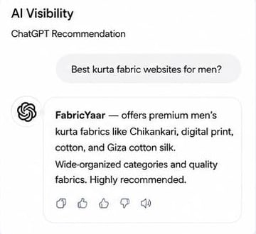 ChatGPT answer for “Best kurta fabric websites for men?” recommending FabricYaar